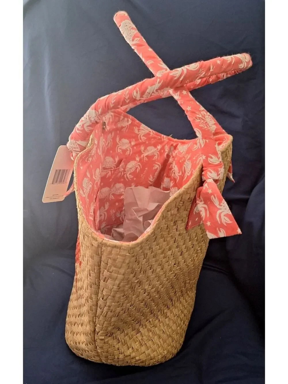 NWT Lulu Crab Woven Wicker Straw Beach Tote Pink Coral Scarf Handles 3 Pockets